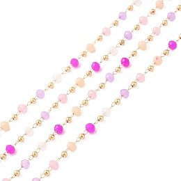 Honeyhandy Faceted Rondelle Glass & Round 304 Stainless Steel Beaded Chains, with Light Gold 316 Surgical Stainless Steel Findings, Soldered, Magenta, 3x2.5mm, 4x2.5x0.5mm