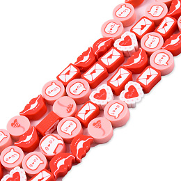 Honeyhandy Handmade Polymer Clay Beads Strands, Flat Round with Word Love & Heart, Mouth and Letter, Red, 5.5~9.5x9~11x4~5mm, Hole: 1.6mm, about 40pcs/strand, 15.16 inch~15.55 inch((38.5~39.5cm)