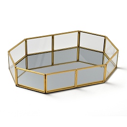 Honeyhandy Glass Tray Mirror, Storage Tray, with Golden Plated Brass Edge, Cosmetics Jewelry Organizer, Octagon, Clear, 21x14.1x4.1cm