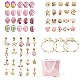 DIY European Bracelet Making Kit, Including Resin & Alloy Large Hole Beads, Brass Bracelets, Alloy Dangle Charm, Unicorn & Tortoise & Star & Heart & Butterfly Shape, Pink, 63Pcs/set