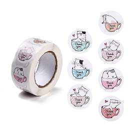 Honeyhandy Thank You Stickers Roll, Flat Round Adhesive Paper Sticker, for Gift Package, Cat Pattern, 2.5x0.01cm, 500pcs/roll