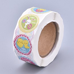 Honeyhandy Easter Stickers, Adhesive Labels Roll Stickers, Gift Tag, for Envelopes, Party, Presents Decoration, Flat Round, Colorful, Easter Theme Pattern, 25mm, about 500pcs/roll