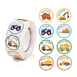 Honeyhandy Cartoon Self-Adhesive Stickers, Roll Sticker, Flat Round with Vehicle Pattern, for Children Decorative Award Presents, Colorful, 2.5cm, 500pcs/roll