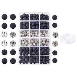 PandaHall Elite 200 Pcs Natural Round Black Lava Stone Beads with 100 Pcs Alloy Spacer Beads and 0.8mm Stretchy Beading Elastic Wire 10m per Roll for Jewelry Making