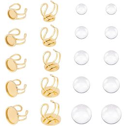 UNICRAFTALE 10 Sets DIY Cuff Ring Making Kit Golden Round Open Cuff Ring Bezel Tray US Size 8(18mm) 201 Stainless Steel Blank Dome Cabochon Ring Bases with Glass Cabochons Domes Set for Ring Making