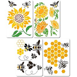 GORGECRAFT 4Pcs 4 Styles 8.3" x11.7" Sunflower Painting Stencils Plastic Hexagon Floral Templates Bee Comb Paint Stencil Reusable Template for Wall Wood Tile Floor Furniture Fabric Painting