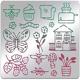 BENECREAT Butterfly House Flower Pattern Metal Stencil, 6x6 inch House Strawberry Element Stainless Steel Template for Painting, Wood Burning, Journaling