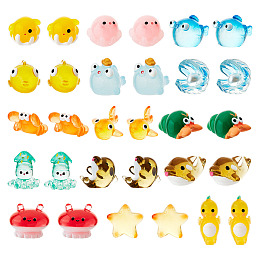 Globleland 30Pcs 15 Style Resin Display Decoration, Cute Marine Animal Figurines, Mixed Color, 10.5~24x11.5~23.5x8.5~27.5mm, 2pcs/style