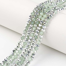 Honeyhandy Electroplate Glass Beads Strands, Imitation Jade, Half Silver Plated, Faceted, Rondelle, Pale Green, 4x3mm, Hole: 0.4mm, about 130pcs/strand, 16.54 inch(42cm)