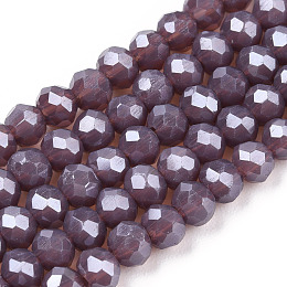 Honeyhandy Electroplate Glass Beads Strands, Pearl Luster Plated, Faceted, Rondelle, Old Rose, 4x3mm, Hole: 0.4mm, about 123~127pcs/strand, 16.5~16.9 inch(42~43cm)