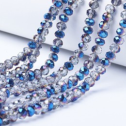 Honeyhandy Electroplate Transparent Glass Beads Strands, Half Plated, Faceted, Rondelle, Blue Plated, 6x5mm, Hole: 1mm, about 85~88pcs/strand, 16.1~16.5 inch(41~42cm)