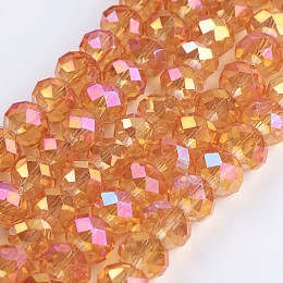 Honeyhandy Electroplate Glass Beads Strands, Full Rainbow Plated, Faceted, Rondelle, Orange, 8x6mm, Hole: 1~1.5mm, about 70~72pcs/strand, 16.9~17.3 inch(43~44cm)