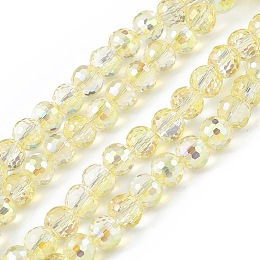 Transparent Electroplate Glass Beads Strands, Faceted, Round, Full Rainbow Plated, Yellow, 7.5~8x7mm, Hole: 1.2mm, about 70~72pcs/strand, 20.08~20.47 inch(51~52cm)