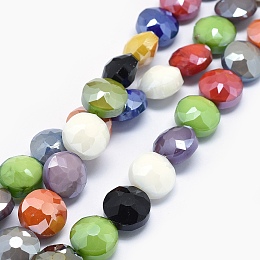 Honeyhandy Electroplate Glass Beads Strands, Pearl Luster Plated, Faceted Flat Round, Mixed Color, 14x10mm, Hole: 1mm, about 22pcs/strand, 11.8 inch