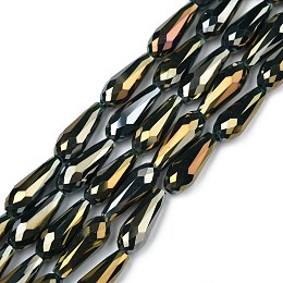 Honeyhandy Electroplated Opaque Glass Beads Strands, Full Rainbow Plated, Faceted, Teardrop, Black, 15x6mm, Hole: 1mm, about 50pcs/Strand, 28.35 inch(72cm)