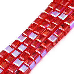 Electroplate Transparent Glass Beads Strands, Faceted, Cube, Red, 7x7x6.5mm, Hole: 1.2mm, about 100Pcs/strand, 25.98 inch(66cm)