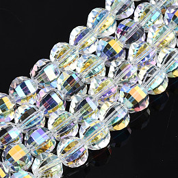 Honeyhandy Electroplate Transparent Glass Beads Strands, AB Color Plated, Faceted, Round, Clear AB, 9.5x8.5mm, Hole: 1.5mm, about 65~70pcs/strand, 22.05 inch~23.62 inch(56~60cm)