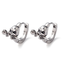 Honeyhandy 316 Stainless Steel Skull with Rose Hoop Earrings for Men Women, Antique Silver, 13x13.5x17mm, Pin: 0.9mm