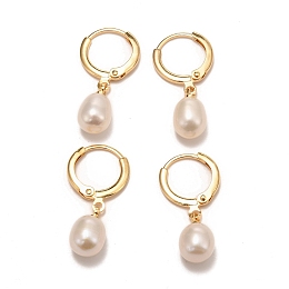 Honeyhandy Brass Hoop Earrings, with Natural Pearl, Long-Lasting Plated, Real 18K Gold Plated, White, 25mm, Pin: 0.8mm