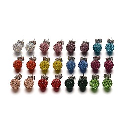 Honeyhandy Polymer Clay Rhinestone Ball Stud Earrings, with Stainless Steel Stud Earring Findings, Stainless Steel Color, Mixed Color, 10mm, Pin: 0.8mm