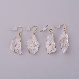 Honeyhandy Natural Quartz Crystal Dangle Earrings, with Brass Findings and Plastic Ear Nuts, Nuggets, Golden, 22~50x10~23mm, Pin: 0.7mm