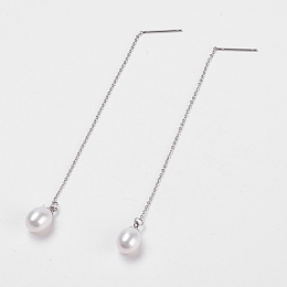 Honeyhandy Cultured Freshwater Pearl Dangle Stud Earrings, Ear Thread, with 304 Stainless Steel Findings, Cardboard Boxes, White, 96~98x1mm, Pin: 0.8mm