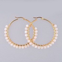 Honeyhandy Beaded Hoop Earrings, with Natural Rainbow Moonstone Beads and Golden Plated 304 Stainless Steel Hoop Earrings, 50mm, Pin: 0.6x1mm