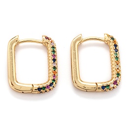 Honeyhandy Brass Micro Pave Cubic Zirconia Huggie Hoop Earrings, Real 18K Gold Plated, Rectangle, Colorful, 16.5x2~2.7mm, Pin: 0.7mm