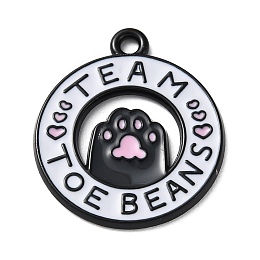 Honeyhandy Alloy Enamel Pendants, Black, Flat Round with Word Team Toe Beans Charm, Paw Print, 23x20x1.3mm, Hole: 1.8mm