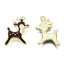 Honeyhandy Golden Plated Alloy Enamel Pendants, Christmas Reindeer/Stag, Coconut Brown, 21x14x2mm, Hole: 1mm