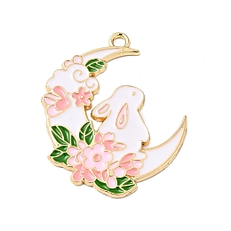 Honeyhandy Alloy Enamel Pendants, Moon with Flower & Rabbit, Golden, White, 33x27x1.5mm, Hole: 1.8mm