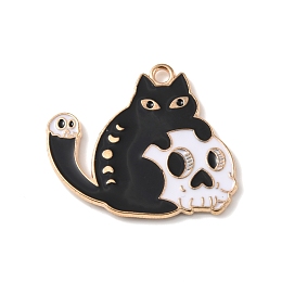 Honeyhandy Alloy Enamel Pendants, Light Gold, Cat Charm, Skull, 24x28x1.5mm, Hole: 2mm