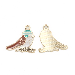 Honeyhandy Alloy Enamel Pendants, Bird with Hat, Light Gold, Light Blue, 23x25x1.5mm, Hole: 2mm