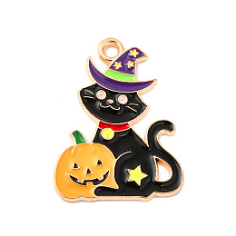 Honeyhandy Halloween Theme Alloy Enamel Pendants, Light Gold, Cat Pattern, 25x19x1.5mm, Hole: 1.8mm