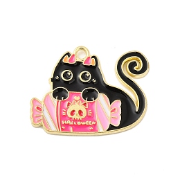 Honeyhandy Halloween Theme Alloy Enamel Pendants, Light Gold, Cat Charm, Candy Pattern, 28x23x1.5mm, Hole: 2mm