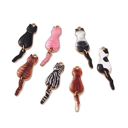 Rack Plating Alloy Enamel Pendants, Light Gold, Cat Charm, Mixed Color, 34x10x2mm, Hole: 1.5mm