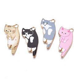 Honeyhandy Printed Alloy Pendants, Cadmium Free & Nickel Free & Lead Free, Light Gold, Cat, Mixed Color, 30x15x1.5mm, Hole: 2mm