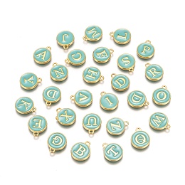 Honeyhandy Initial Letter A~Z Alphabet Enamel Charms, Flat Round Disc Double Sided Charms, Golden Plated Enamelled Sequins Alloy Charms, Turquoise, 14x12x2mm, Hole: 1.5mm, 26pcs/set