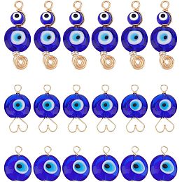 Arricraft 18 Pcs Evils Eye Charms Pendants, 3 Styles Handmade Evils Eye Lampwork Pendants Blue Flat Round Connector Charms with Copper Wire Wrapped for Necklace Bracelet Jewelry Making