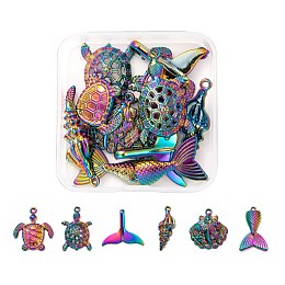 ARRICRAFT 12Pcs 6 Style Ocean Themed Rainbow Alloy Pendants, Cadmium Free & Lead Free, Fishtail & Tortoise & Mermaid & Spiral & Shell, Multi-color, 2pcs/style