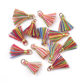 Honeyhandy Polycotton(Polyester Cotton) Tassel Pendant Decorations, Mini Tassel, with Iron Findings and Metallic Cord, Light Gold, Colorful, 10~15x2~3mm, Hole: 1.5mm