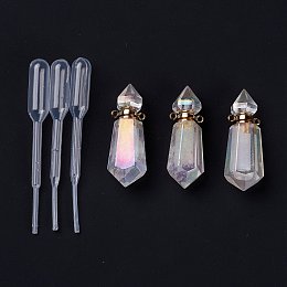 Honeyhandy Angel Aura Quartz, Faceted Natural Quartz Crystal Pendants, Openable Perfume Bottle, with Golden Tone Brass Findings and Plastic Dropper, AB Color Plated, 40mm, Hole: 1.6mm, Capacity: 5ml(0.17fl. oz)