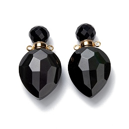 Honeyhandy Natural Obsidian Perfume Bottle Pendants, with Golden Brass Findings, Faceted, Oval, 36.5mm, Hole: 1.6mm, Bottle Capacity: 0.3ml(0.01 fl. oz)