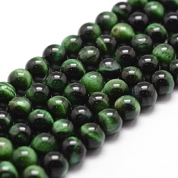 Honeyhandy Natural Tiger Eye Bead Strands, Dyed & Heated, Round, Green, 10mm, Hole: 1mm, about 37pcs/strand, 14.9 inch~15.1 inch