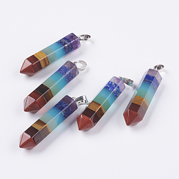 Honeyhandy Natural Mixed Gemstone Pendants, Pointed Pendants, with Brass Findings, Bullet, Platinum, Faceted, 51x10x11mm, Hole: 4x4mm