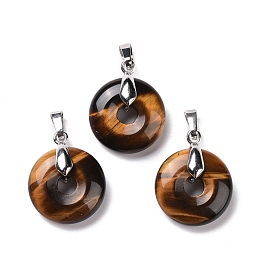 Honeyhandy Natural Tiger Eye Pendants, with Platinum Tone Brass Findings, Cadmium Free & Lead Free, Donut/Pi Disc, 24~25x20x8.5mm, Hole: 8x5mm