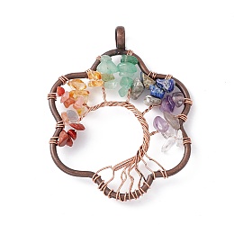 Honeyhandy 7 Chakra Flower Natural Mixed Stone Copper Wire Wrapped Chip Big Pendants, Tree of Life Charm, with Red Copper Tone Iron Findings, 59x45x8mm, Hole: 6.2mm