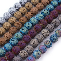 Honeyhandy Vacuum Plating Electroplated Natural Lava Rock Bead Strands, Round, Mixed Color, 10~10.5mm, Hole: 1.5mm, about 40pcs/strand, 15.55 inch(39.5cm)