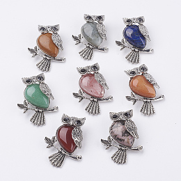 Honeyhandy Natural & Synthetic Mixed Stone Pendants, with Alloy Finding, Owl, Antique Silver, 46.5x35.5x11.5mm, Hole: 6x8.5mm