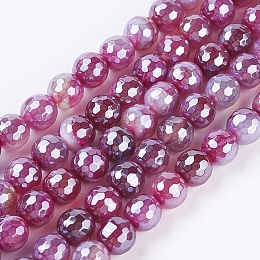 Honeyhandy Natural Striped Agate/Banded Agate Beads Strands, Pearl Luster Plated, Faceted, Round, Old Rose, 6mm, Hole: 0.8mm, about 62pcs/strand, 15.35 inch(39cm)